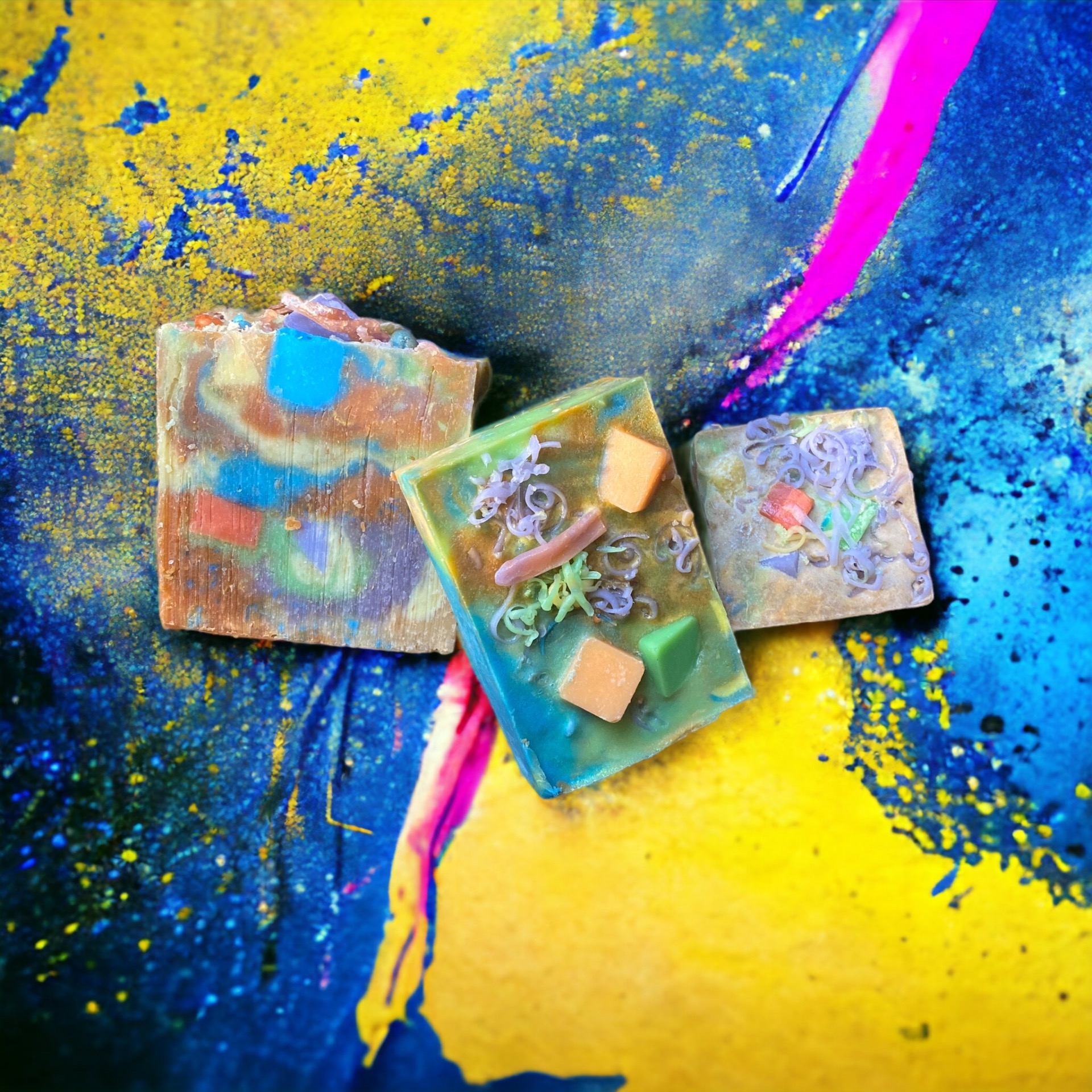 TAP HERE FOR MORE-Dancing Bear-Pachouli & Hemp Oil & Shredded dried Loofah for exfoliation. This trippy hippy soap comes in 3 sizes. Small (Hand Soap) Medium (Body Bar) and Large (Brick)